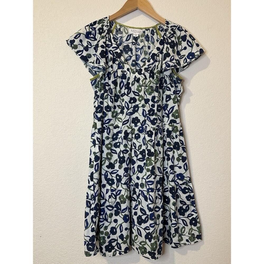 Velvet By Graham & Spencer Ivy Flutter Sleeve Dress Blue/Green Floral Size XS